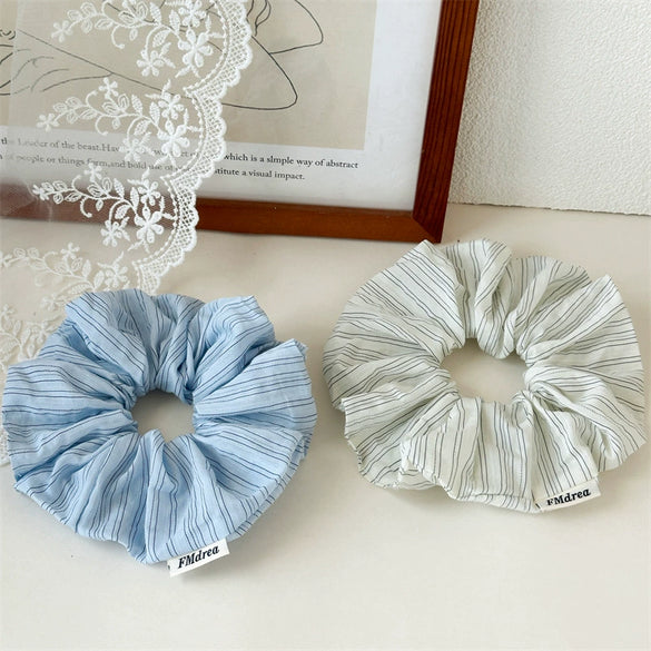 Women's Cloth Handmade Blue And White Striped Scrunchie Hair Accessory For Bun And Ponytail