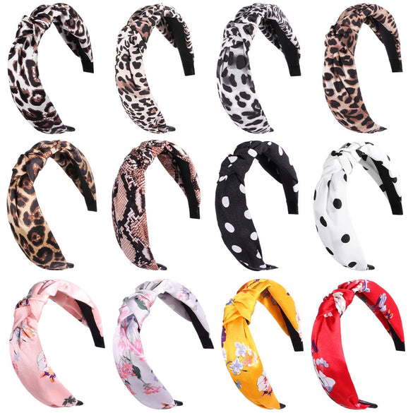 Women's Cloth Handwoven Leopard Print And Plaid Widebrimmed Knotted Headband Headwear