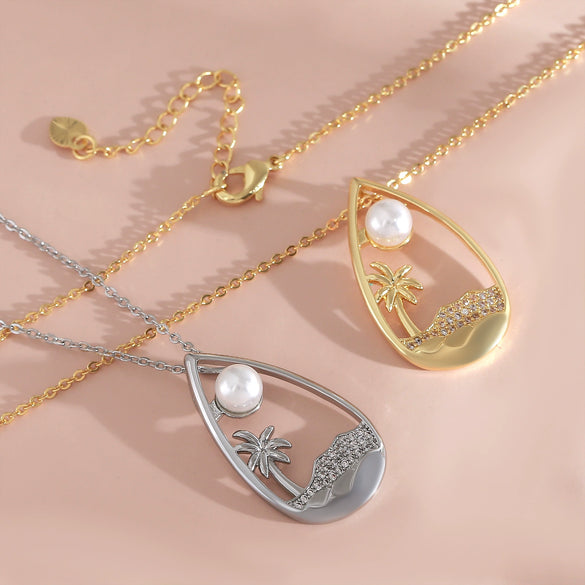 Women's Coconut Tree Pearl Necklace Copper O Word Chain Electroplated