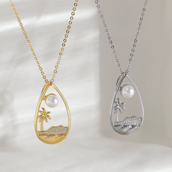 Women's Coconut Tree Pearl Necklace Copper O Word Chain Electroplated