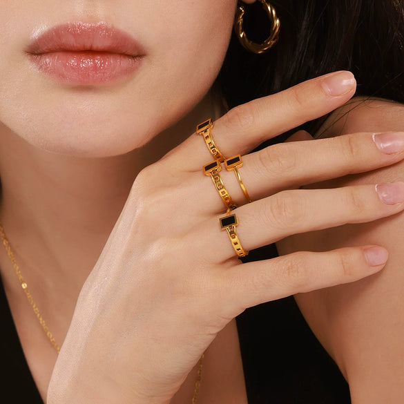 Women's Cold Style Long Square Geometric Stainless Steel Chain Ring With Electroplating