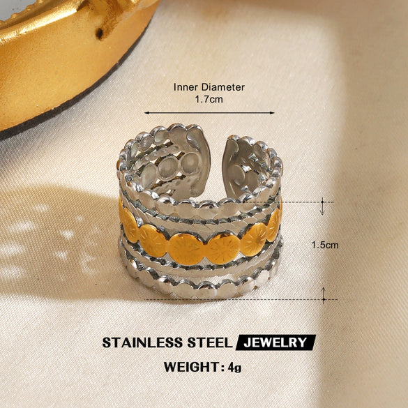 Women's Color Block Stainless Steel Geometric Line Ring With Two Tone Gold And Silver Electroplated Finish