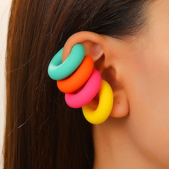 Women's Color Matte Thick Round C Shaped Hole Free Ear Clip Earrings Geometric Pattern Painted Finish