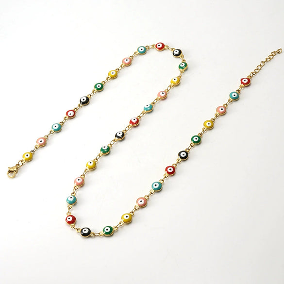 Women's Colorblock Stainless Steel And 316L Stainless Steel Bracelet And Round Eyes Evil Eye Necklace With Dripping Oil Treatment