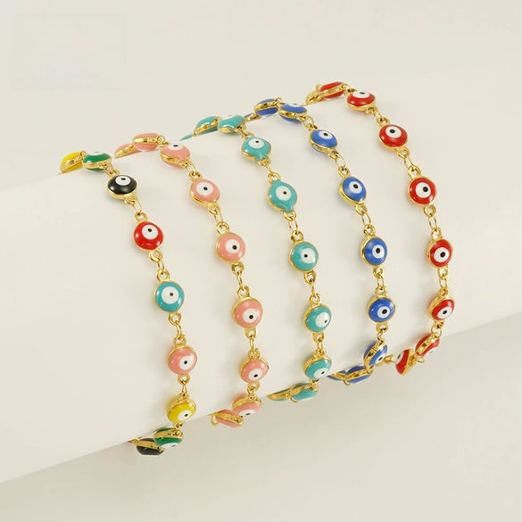 Women's Colorblock Stainless Steel And 316L Stainless Steel Bracelet And Round Eyes Evil Eye Necklace With Dripping Oil Treatment