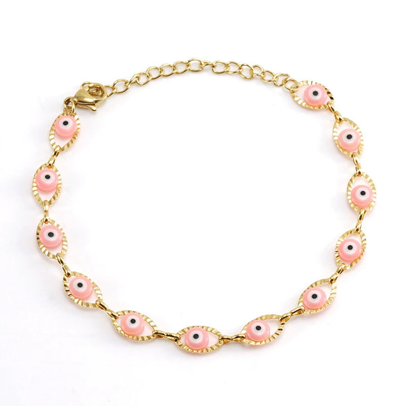Women's Colorblock Stainless Steel And 316L Stainless Steel Bracelet And Round Eyes Evil Eye Necklace With Dripping Oil Treatment