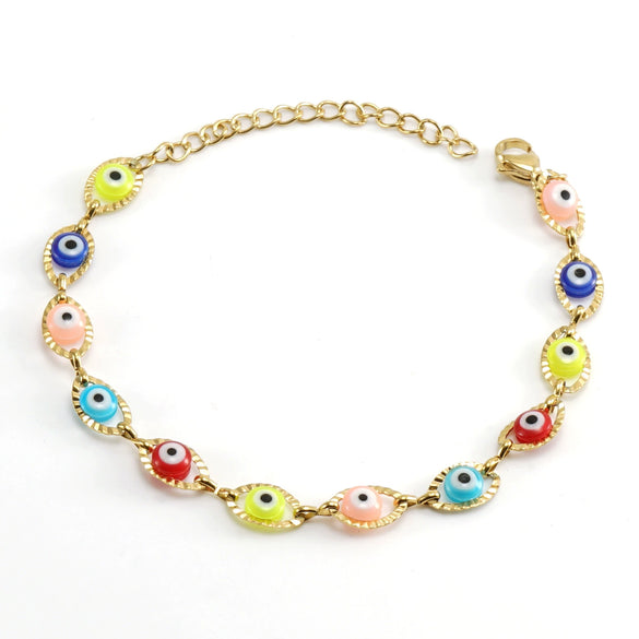 Women's Colorblock Stainless Steel And 316L Stainless Steel Bracelet And Round Eyes Evil Eye Necklace With Dripping Oil Treatment