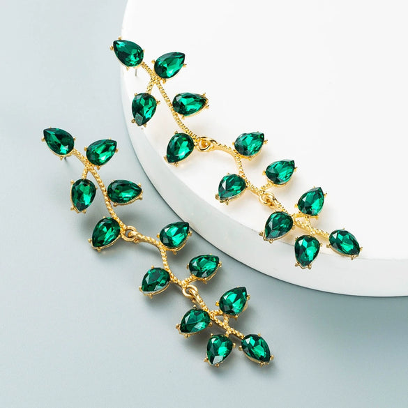 Women's Colored Rhinestone Flower Drop Earrings With Alloy Long Leaf Design Trendy Wholesale Jewelry
