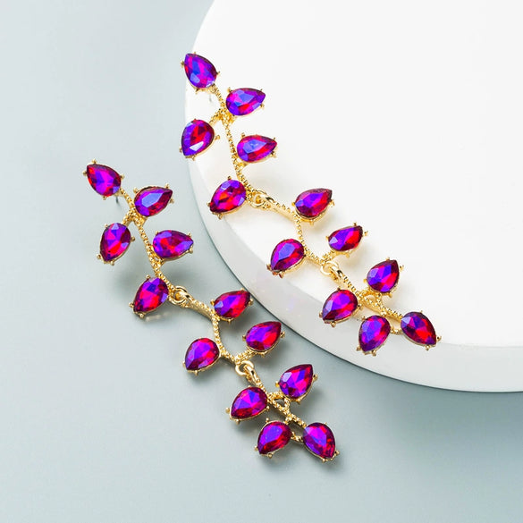 Women's Colored Rhinestone Flower Drop Earrings With Alloy Long Leaf Design Trendy Wholesale Jewelry
