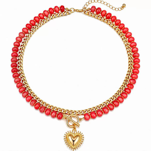 Women's Colorful Beaded Natural Stone Necklace With Layered Heart Pendant Copper Electroplated Bead Chain Clavicle Necklace