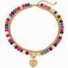Women's Colorful Beaded Natural Stone Necklace With Layered Heart Pendant Copper Electroplated Bead Chain Clavicle Necklace
