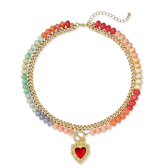 Women's Colorful Beaded Natural Stone Necklace With Layered Heart Pendant Copper Electroplated Bead Chain Clavicle Necklace