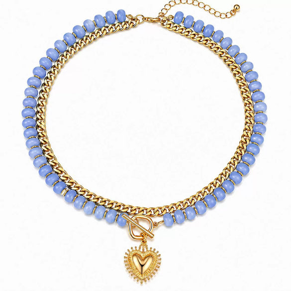Women's Colorful Beaded Natural Stone Necklace With Layered Heart Pendant Copper Electroplated Bead Chain Clavicle Necklace