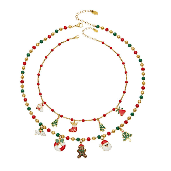 Women’s Colorful Beaded Necklace With Stainless Steel Christmas Snowflake Bell Zircon Pendant And Electroplated Geometric Chain