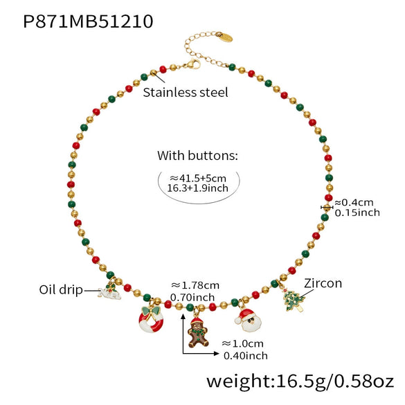 Women’s Colorful Beaded Necklace With Stainless Steel Christmas Snowflake Bell Zircon Pendant And Electroplated Geometric Chain