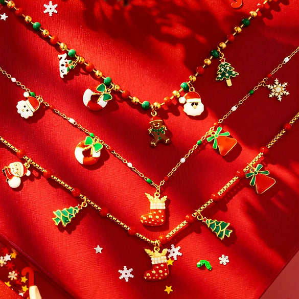 Women’s Colorful Beaded Necklace With Stainless Steel Christmas Snowflake Bell Zircon Pendant And Electroplated Geometric Chain