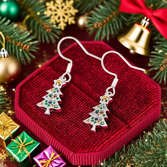 Women's Colorful Christmas Tree Earrings With Starshaped Microinlaid Zircon Copper Holiday Jewelry