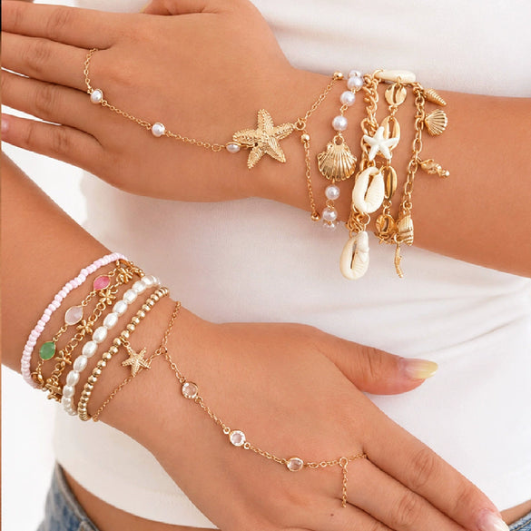 Women's Colorful Crystal Bracelet With Imitation Pearl Seashell And Starfish Charms Geometric Zinc Alloy Plated Vacation Style Jewelry