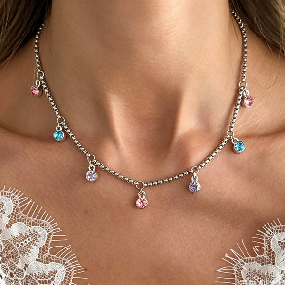 Women's Colorful Diamond Geometric Pendant Necklace With Alloy Metal Chain Single Layer Design And Plated Finish