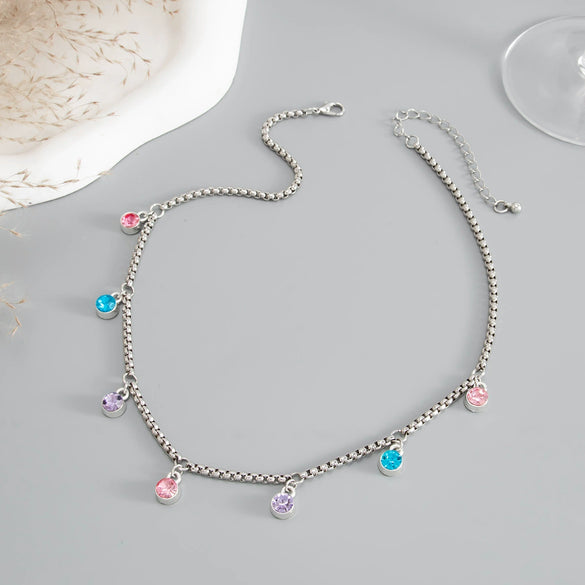 Women's Colorful Diamond Geometric Pendant Necklace With Alloy Metal Chain Single Layer Design And Plated Finish