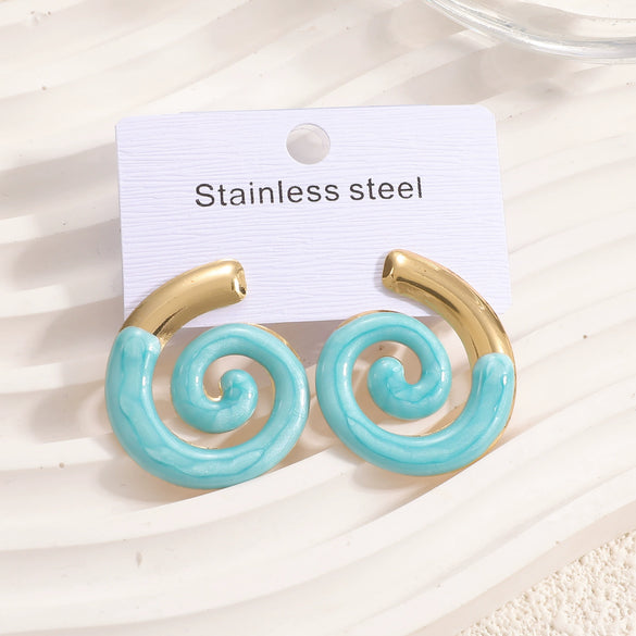 Women's Colorful Enamel Sunflower Earrings In Stainless Steel With Spiral Geometric Design