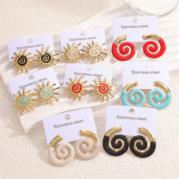 Women's Colorful Enamel Sunflower Earrings In Stainless Steel With Spiral Geometric Design