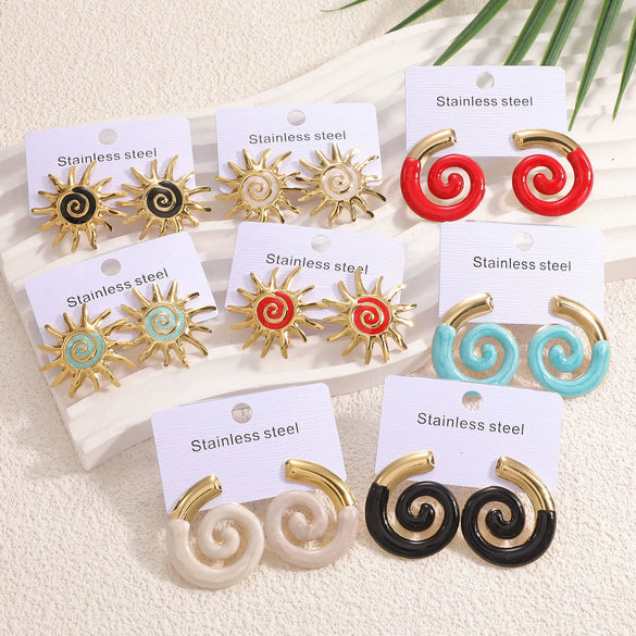 Women's Colorful Enamel Sunflower Earrings In Stainless Steel With Spiral Geometric Design