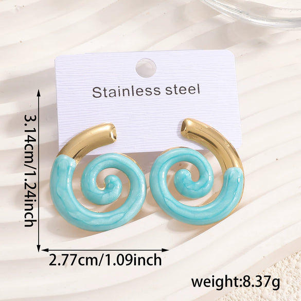 Women's Colorful Enamel Sunflower Earrings In Stainless Steel With Spiral Geometric Design