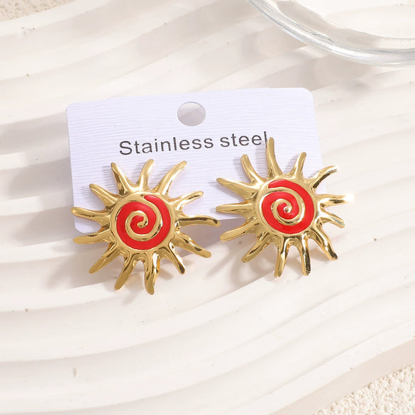 Women's Colorful Enamel Sunflower Earrings In Stainless Steel With Spiral Geometric Design