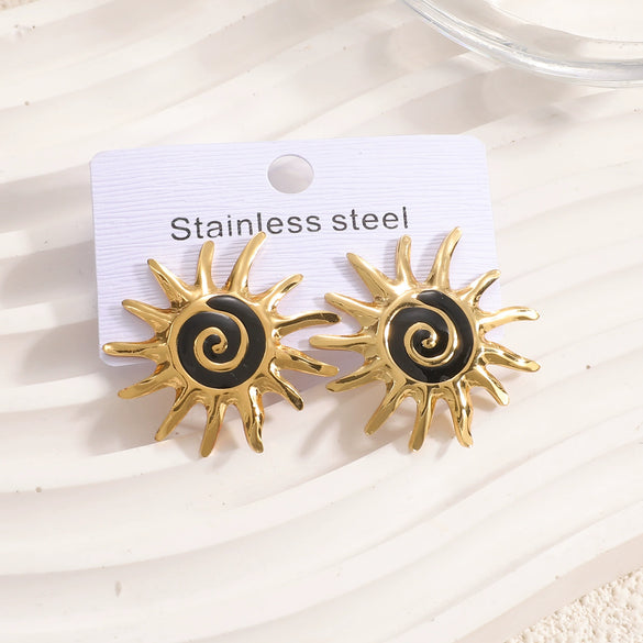 Women's Colorful Enamel Sunflower Earrings In Stainless Steel With Spiral Geometric Design