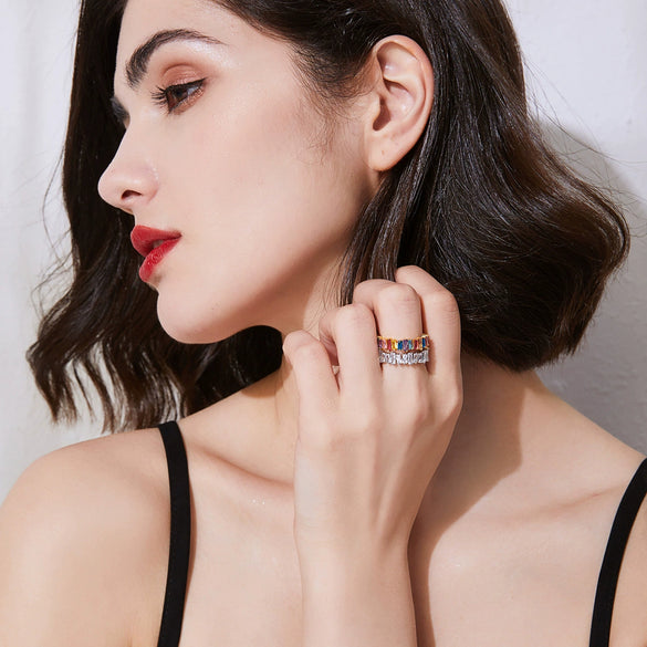 Women's Colorful Geometric Copper Ring With Zircon Inlay Electroplated Fashion Jewelry Wholesale