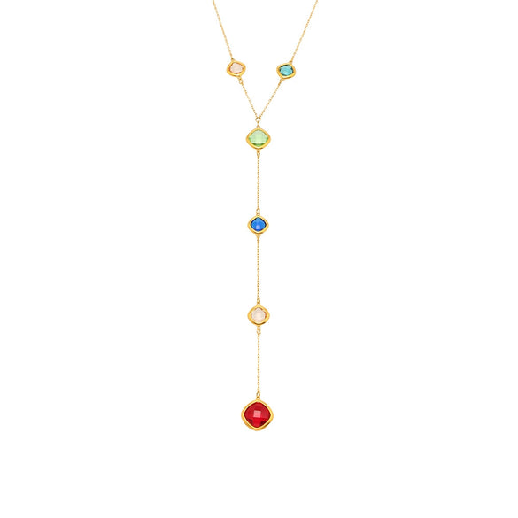 Women's Colorful Geometric Square Glass Stone And Stainless Steel Ferris Wheel Yshaped Electroplated Necklace