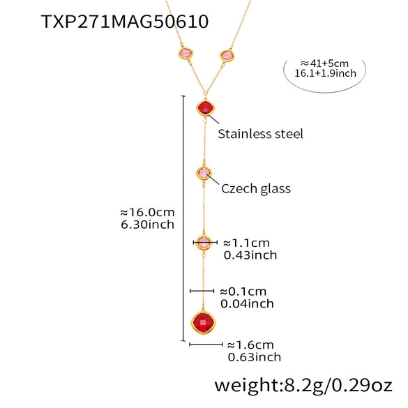 Women's Colorful Geometric Square Glass Stone And Stainless Steel Ferris Wheel Yshaped Electroplated Necklace