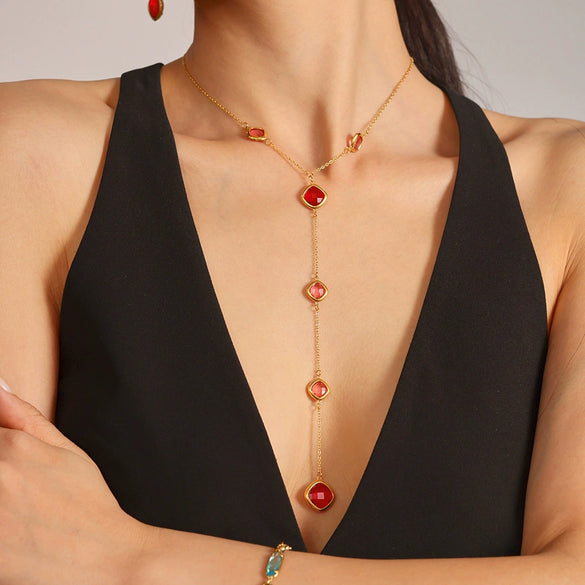 Women's Colorful Geometric Square Glass Stone And Stainless Steel Ferris Wheel Yshaped Electroplated Necklace