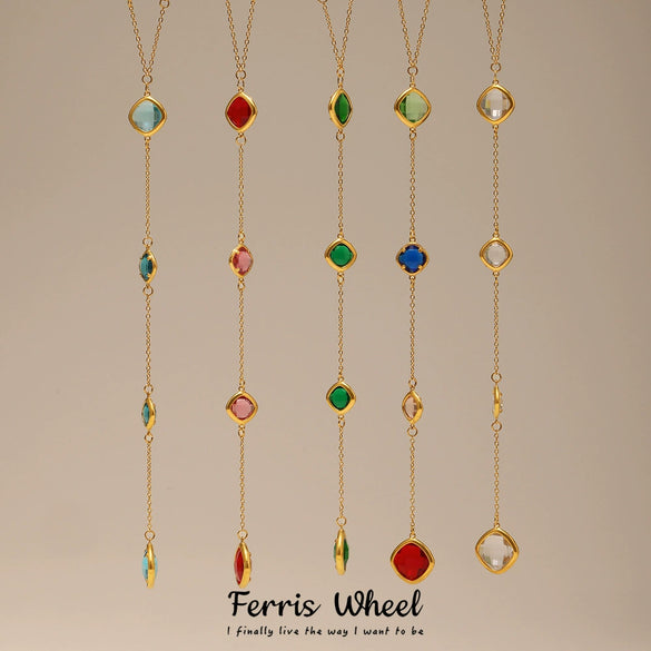 Women's Colorful Geometric Square Glass Stone And Stainless Steel Ferris Wheel Yshaped Electroplated Necklace