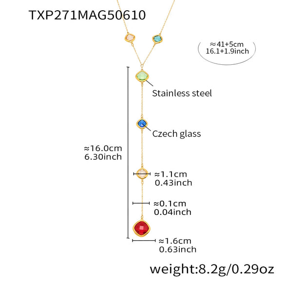 Women's Colorful Geometric Square Glass Stone And Stainless Steel Ferris Wheel Yshaped Electroplated Necklace