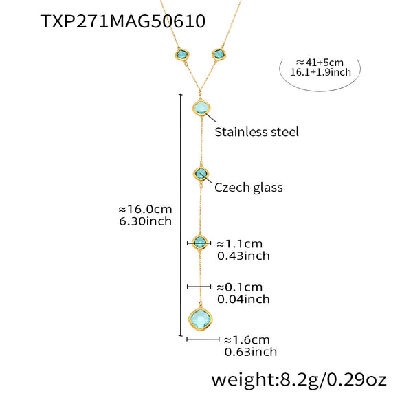 Women's Colorful Geometric Square Glass Stone And Stainless Steel Ferris Wheel Yshaped Electroplated Necklace