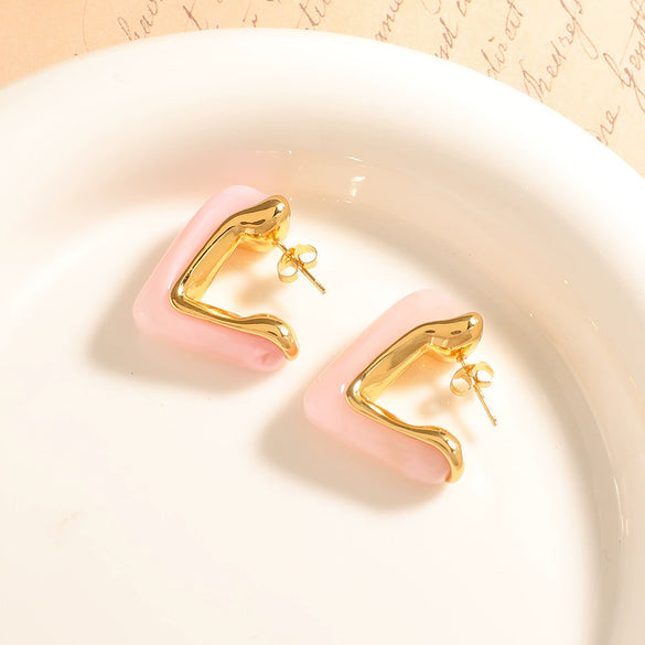 Women's Colorful Geometric Triangular Epoxy Stainless Steel Stud Earrings With Irregular Electroplated Design