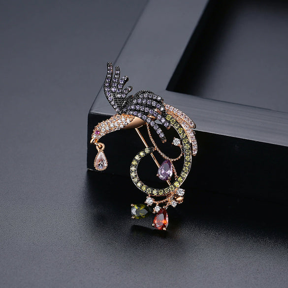 Women's Colorful Phoenix Brooch With Microinlaid Zircon Electroplated Copper Animal Jewelry Accessory