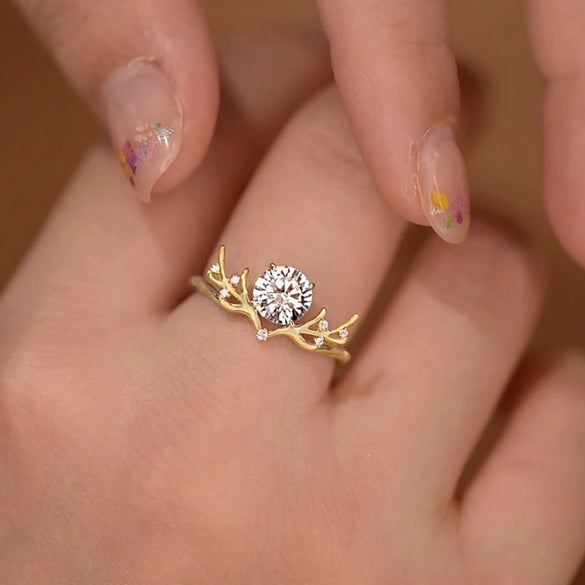 Women's Copper Antler Inlay Zirconia Ring With Animal Inspired Design And Light Luxury Fashion Style