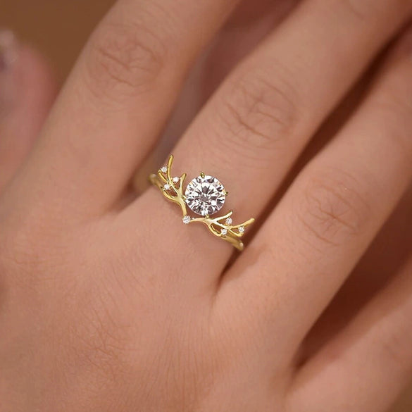 Women's Copper Antler Inlay Zirconia Ring With Animal Inspired Design And Light Luxury Fashion Style