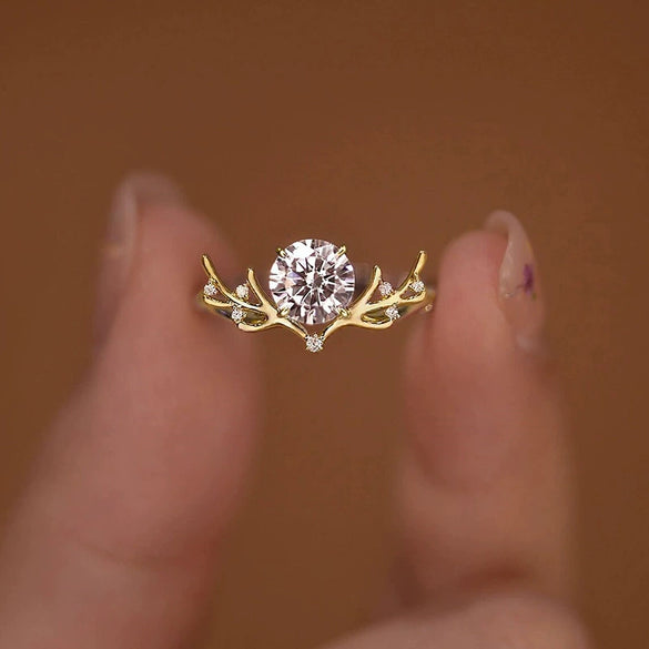 Women's Copper Antler Inlay Zirconia Ring With Animal Inspired Design And Light Luxury Fashion Style