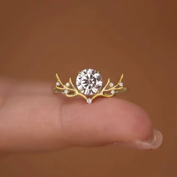 Women's Copper Antler Inlay Zirconia Ring With Animal Inspired Design And Light Luxury Fashion Style