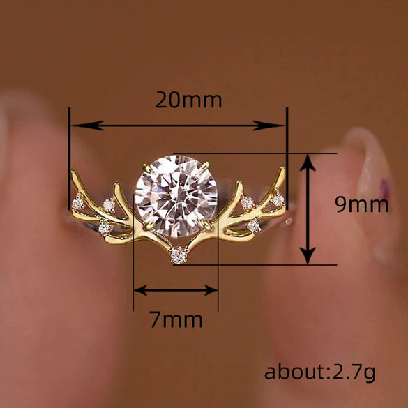 Women's Copper Antler Inlay Zirconia Ring With Animal Inspired Design And Light Luxury Fashion Style