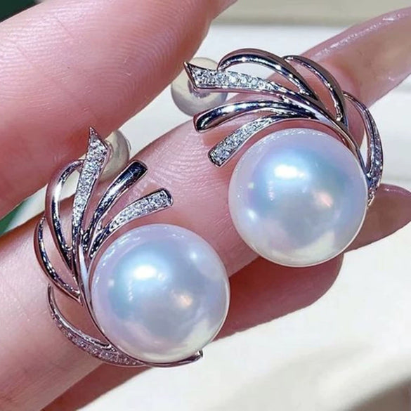 Women's Copper Banana Leaf Geometric Zirconia Earrings Imitation Pearl Lady Style