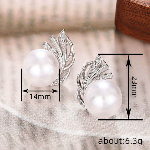 Women's Copper Banana Leaf Geometric Zirconia Earrings Imitation Pearl Lady Style