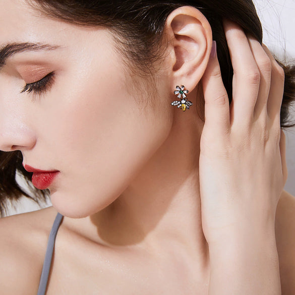 Women's Copper Bee And Flower Earrings With Zircon Accents Electroplated Animal Inspired Fashion Jewelry