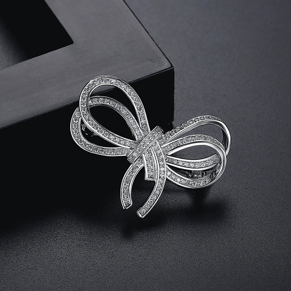 Women's Copper Bow Brooch Pin With Zircon Inlay And Electroplated Finish Decorative Jewelry Accessory