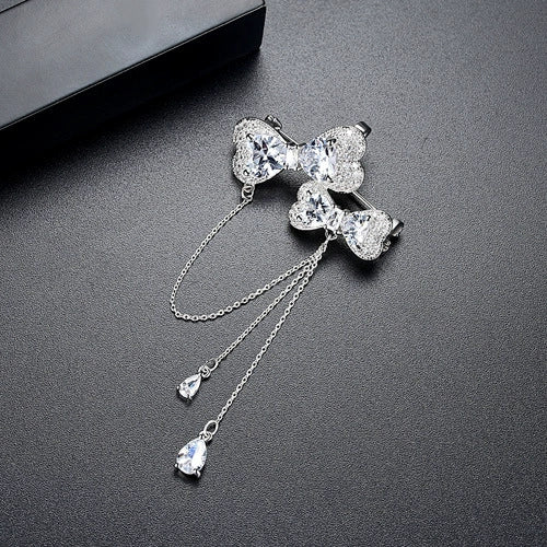Women's Copper Bow Brooch With Zircon Accents Electroplated Chain And Tassel Design Simple Animal Pattern Fashion Jewelry Accessory