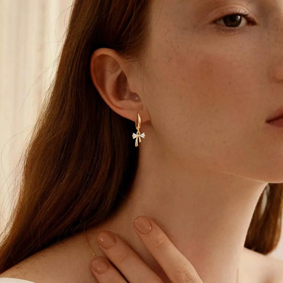 Women's Copper Bowknot Rhinestone Earrings Minimalist Geometric Design With Electroplated Finish Sweet Versatile Fashion Jewelry